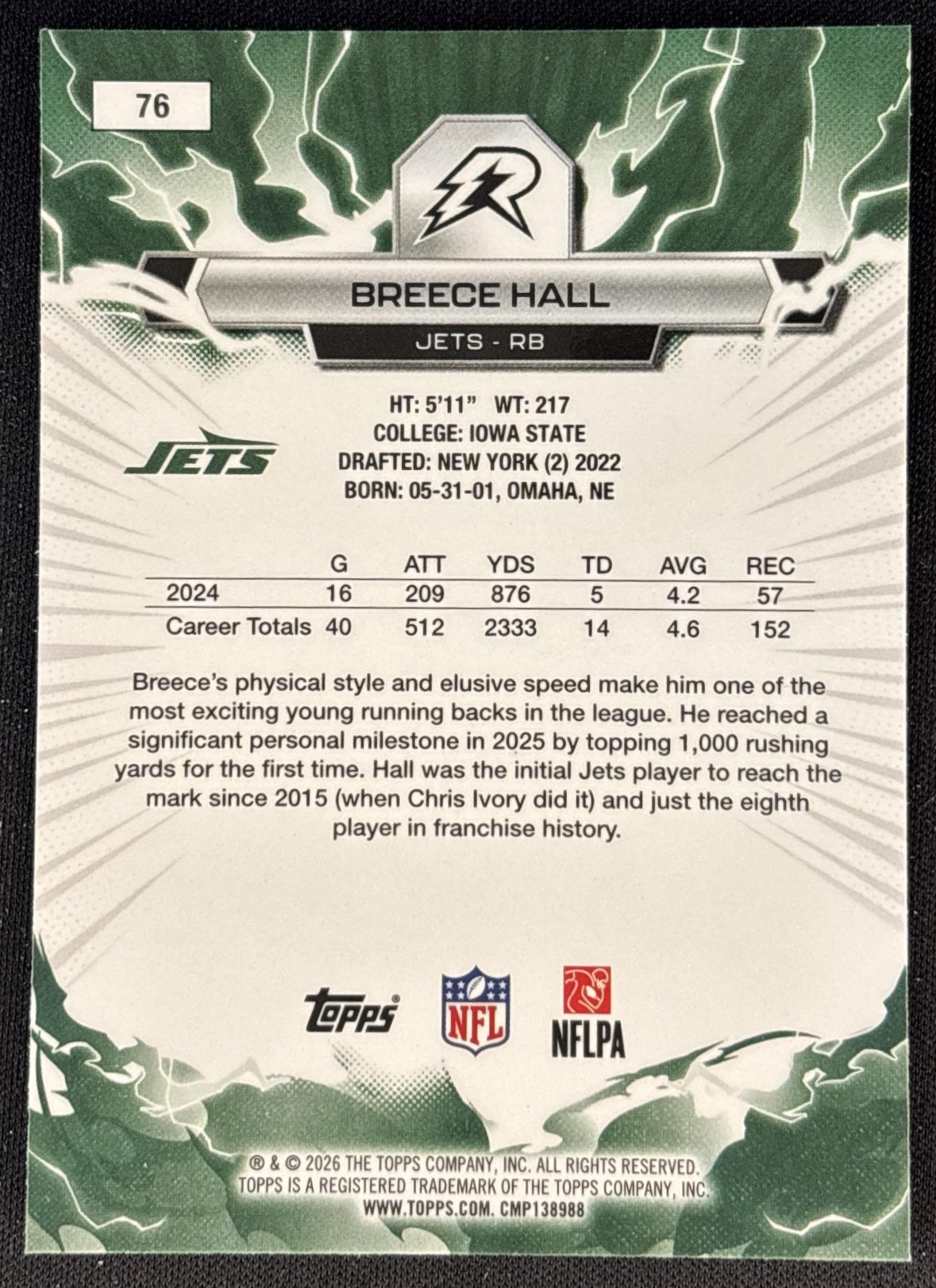 Breece Hall 2025 Topps Resurgence Jets New York Jets back