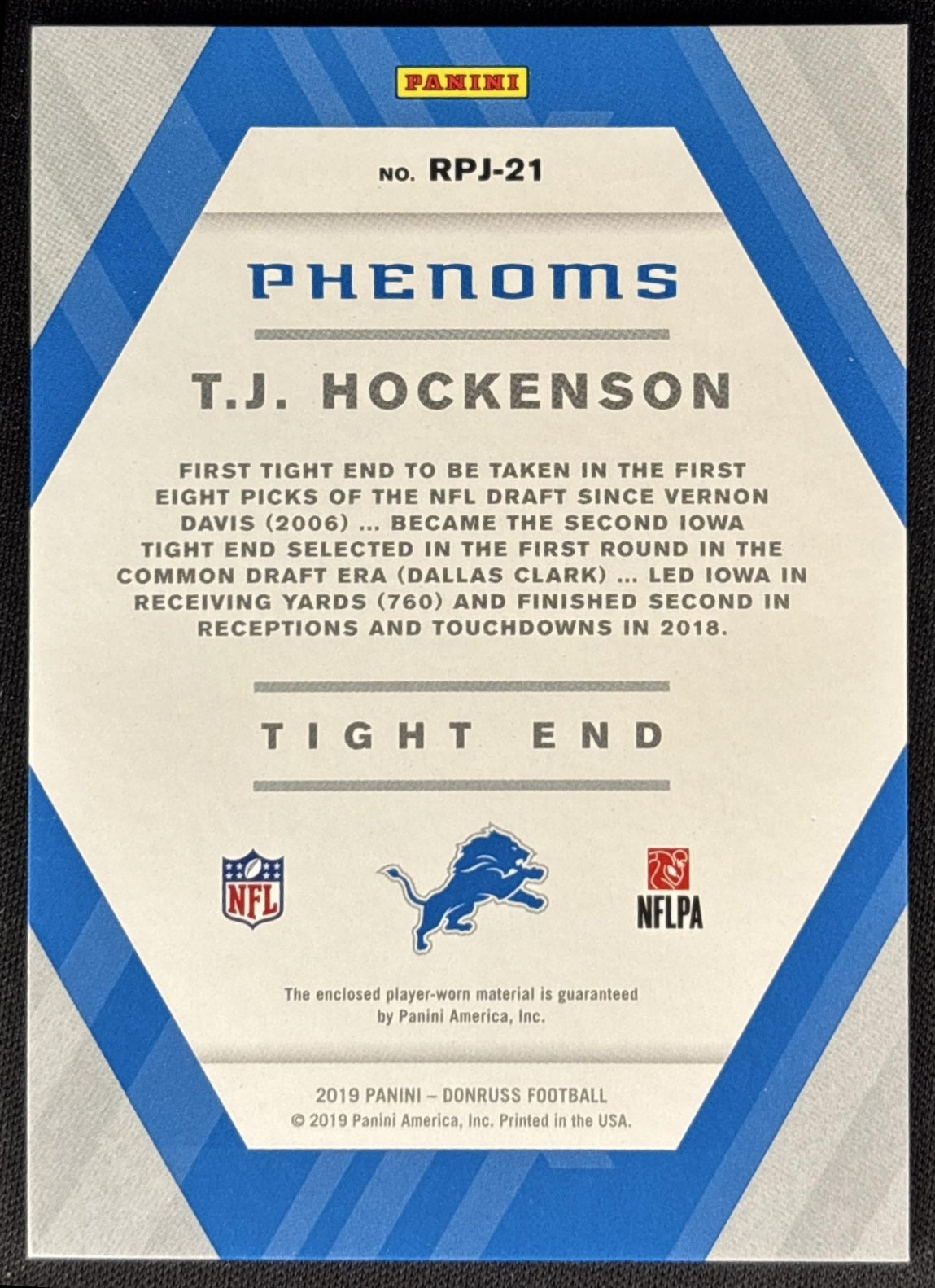 T.J. Hockenson 2019 Panini Donruss Rookie Phenoms Jerseys Red Lions Sports Trading Cards