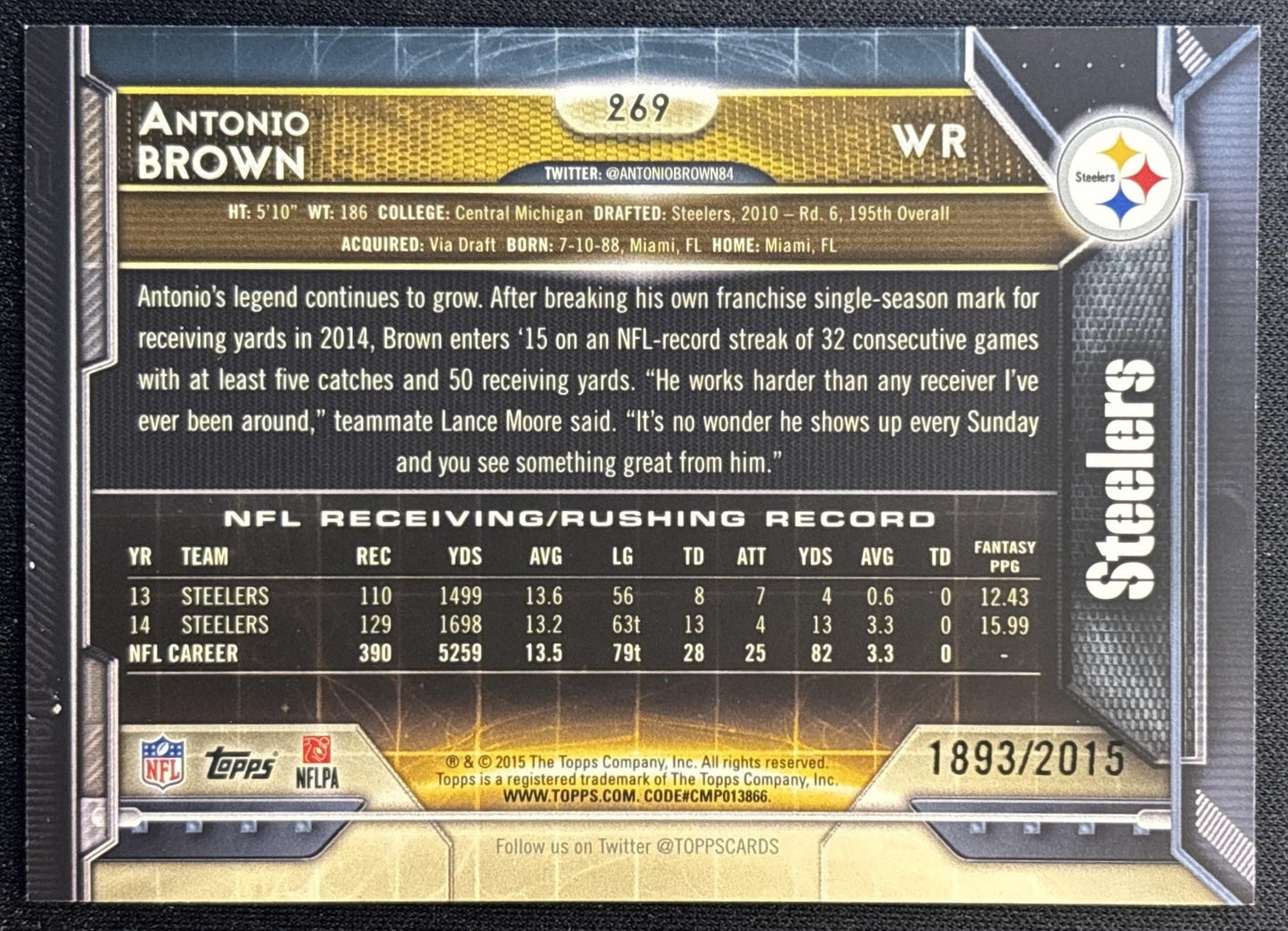 Antonio Brown 2015 Topps Gold /2015 Steelers back