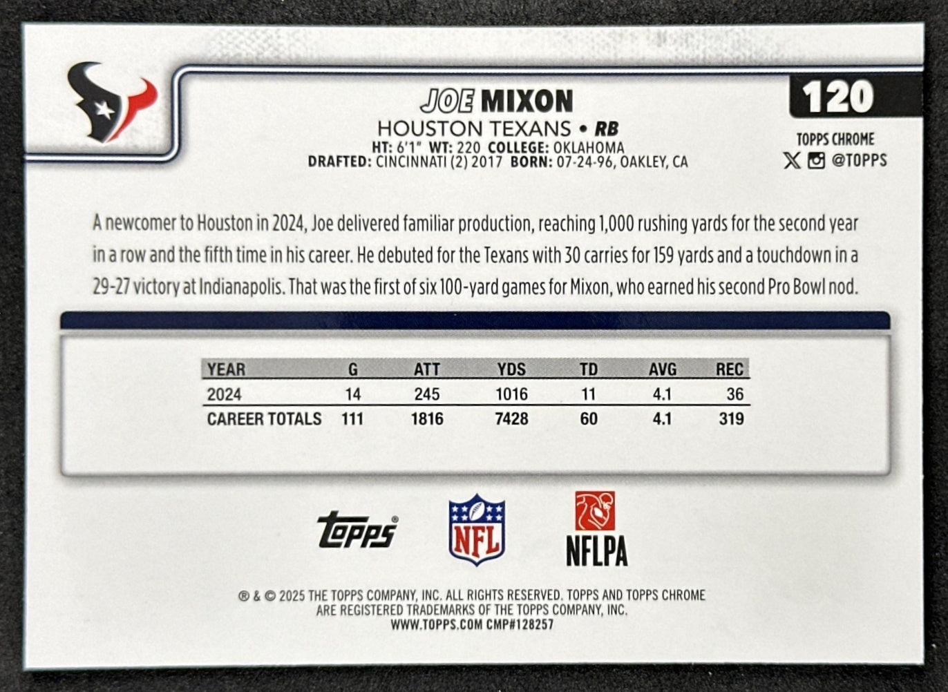 Joe Mixon 2025 Topps Chrome Sapphire Texans