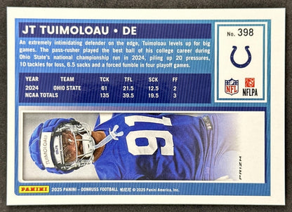 JT Tuimoloau 2025 Panini Donruss Optic Rated Rookie Preview Pink Colts Back