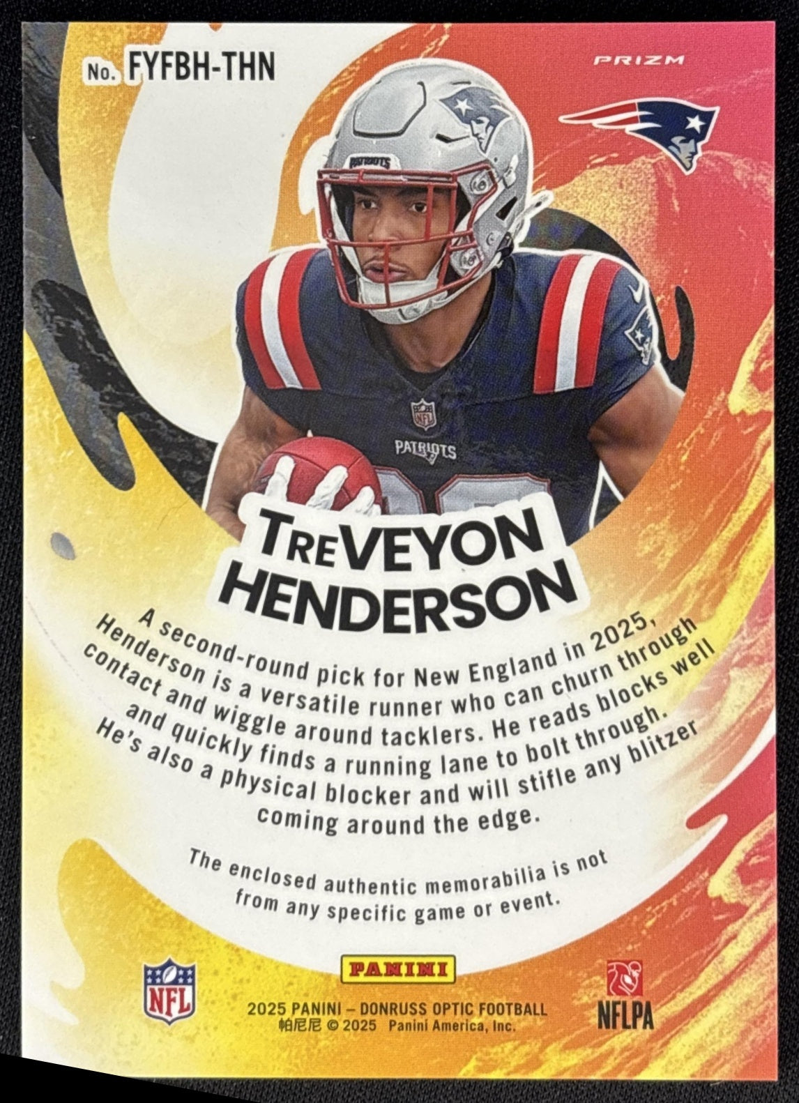 TreVeyon Henderson 2025 Donruss Optic First Year Fresh Blue Hyper Prizm Patriots back
