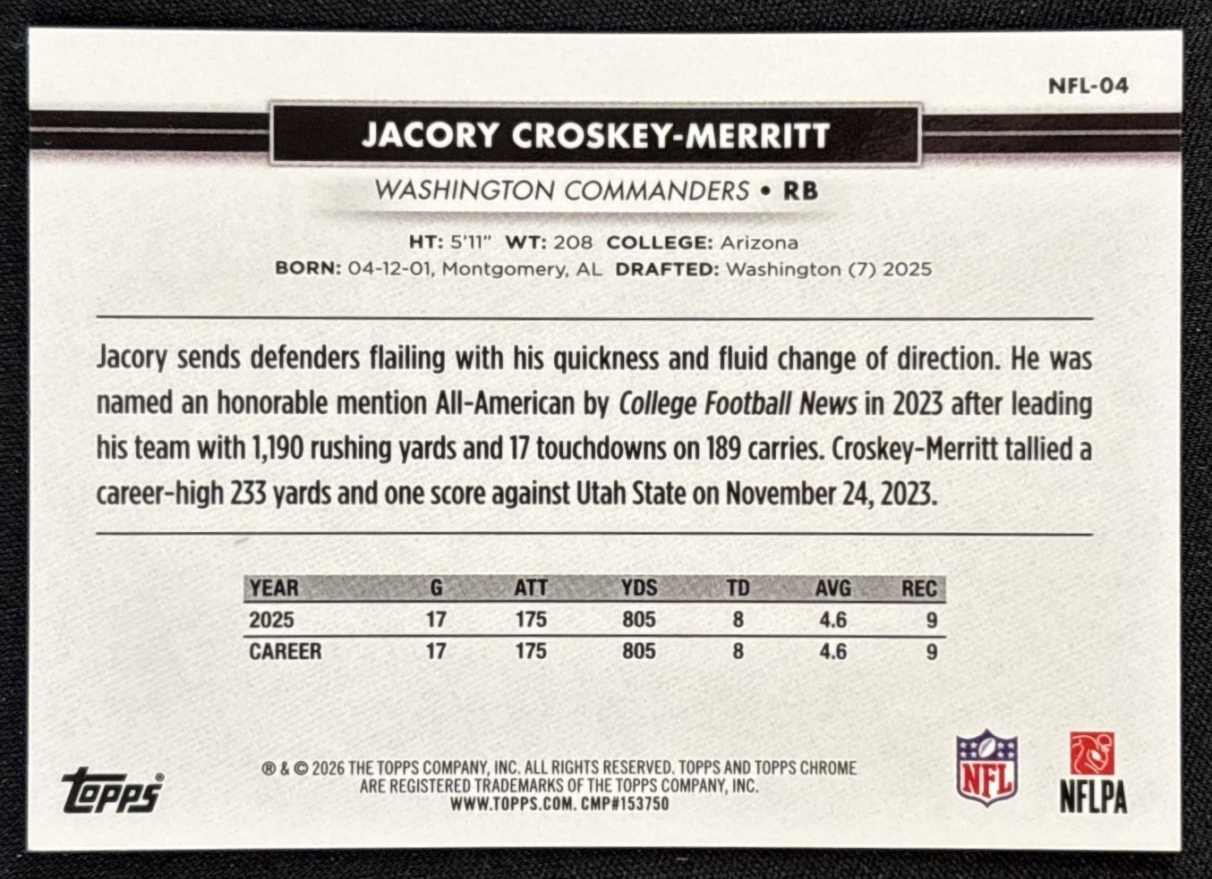 Jacory Croskey-Merritt 2026 Topps NSCC Collection NFL Gold Refractor /50 Commanders Sports Trading Cards