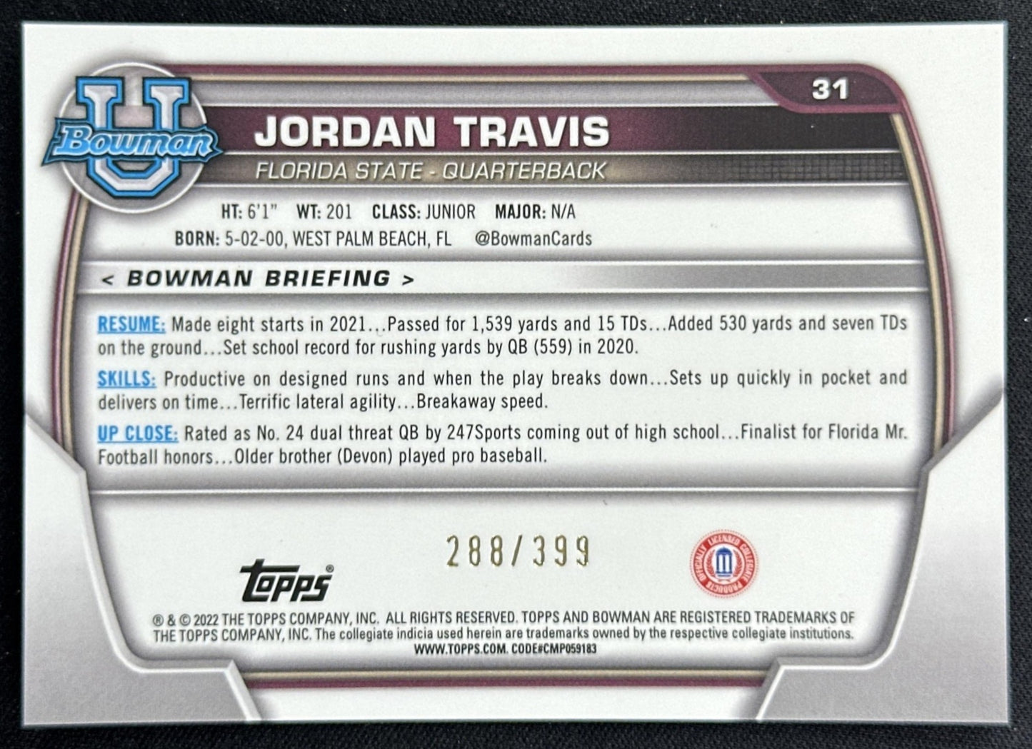 Jordan Travis 2022 University Chrome Purple Mini Diamond Refractor /399 Seminoles