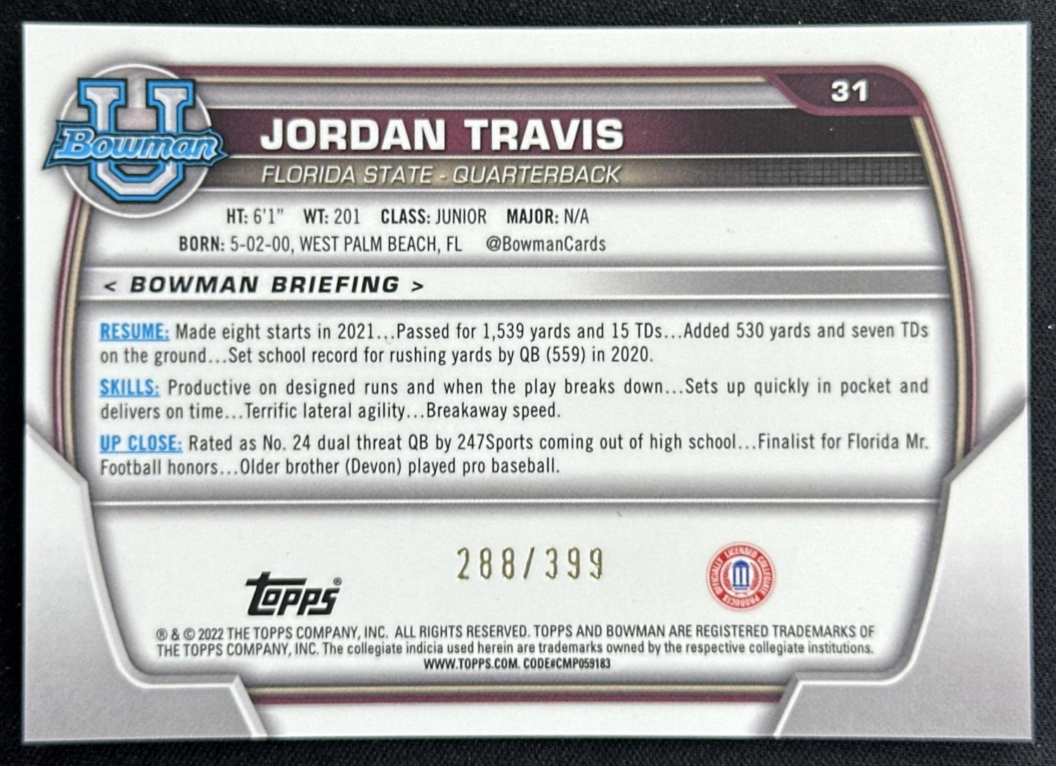Jordan Travis 2022 University Chrome Purple Mini Diamond Refractor /399 Seminoles