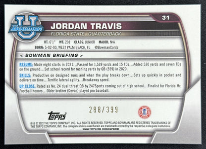 Jordan Travis 2022 University Chrome Purple Mini Diamond Refractor /399 Seminoles