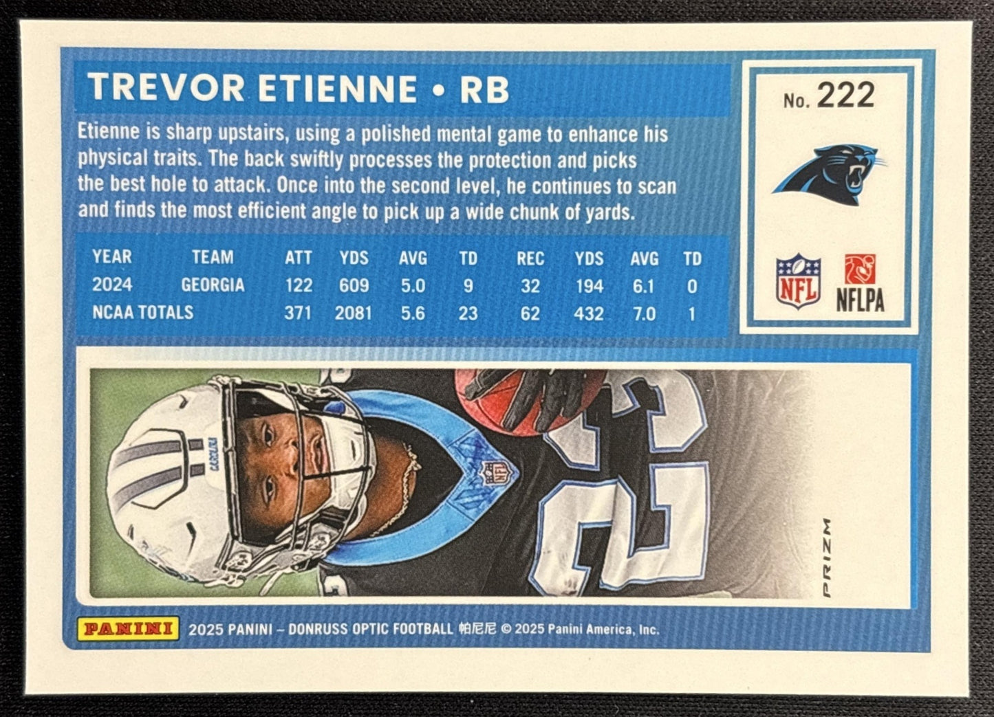 Trevor Etienne 2025 Panini Donruss Optic Rated Rookie Stars Prizm Panthers back