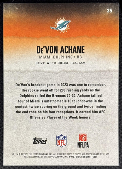 De'Von Achane 2025 Topps Signature Class Veteran Blue & Yellow Foil Dolphins back