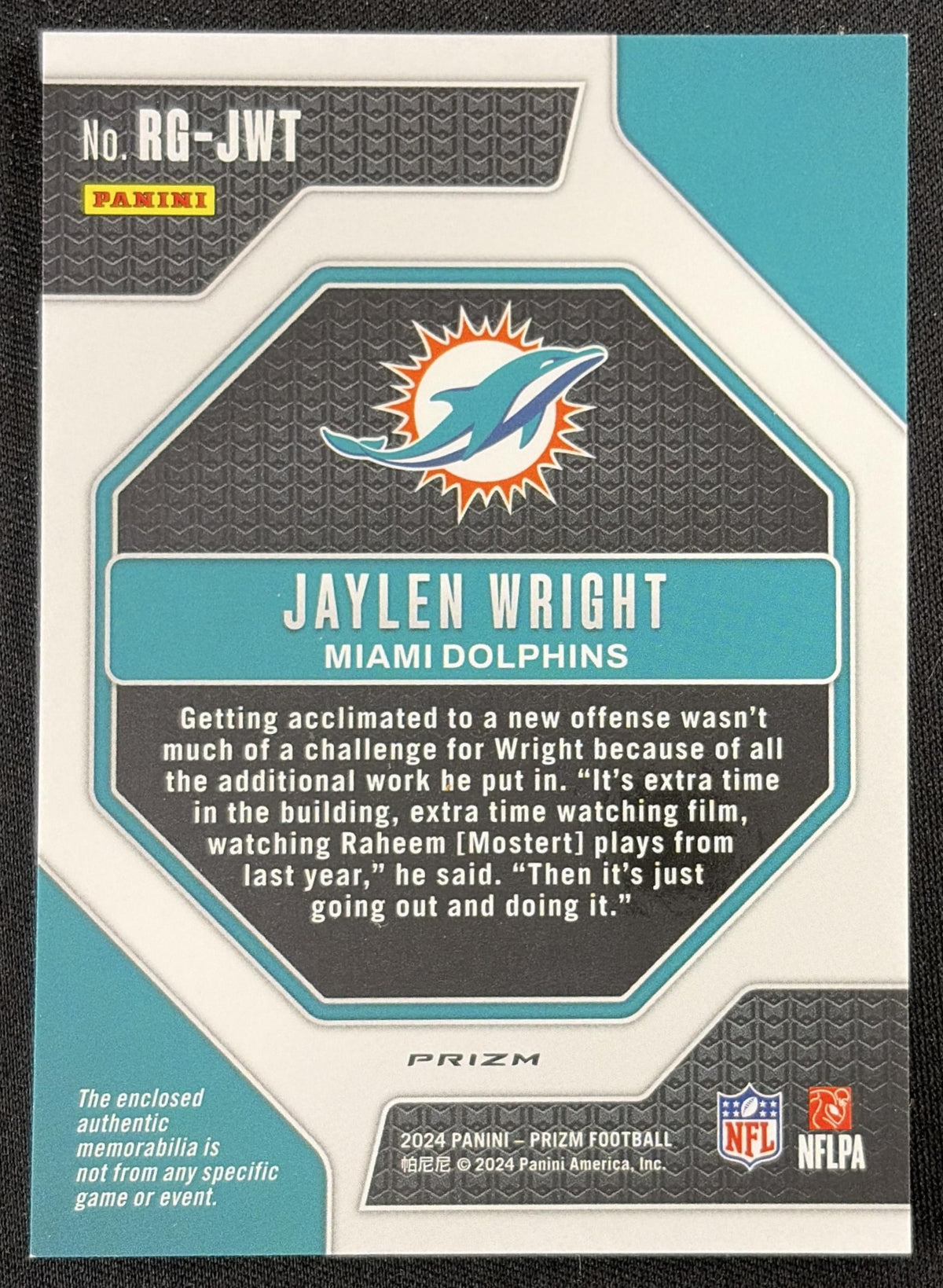 Jaylen Wright 2024 Panini Prizm Rookie Gear Neon Green Pulsar Dolphins