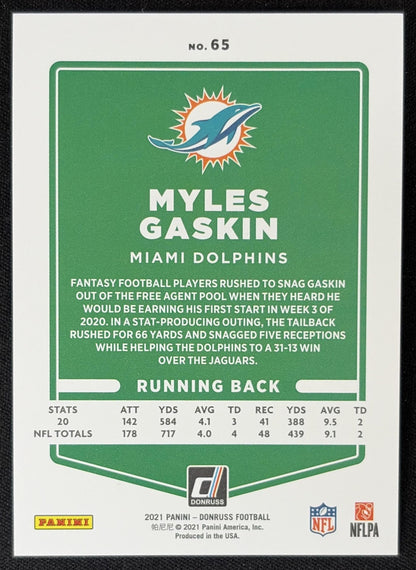 Myles Gaskin 2021 Panini Donruss Press Proof Premium Dolphins Sports Trading Card