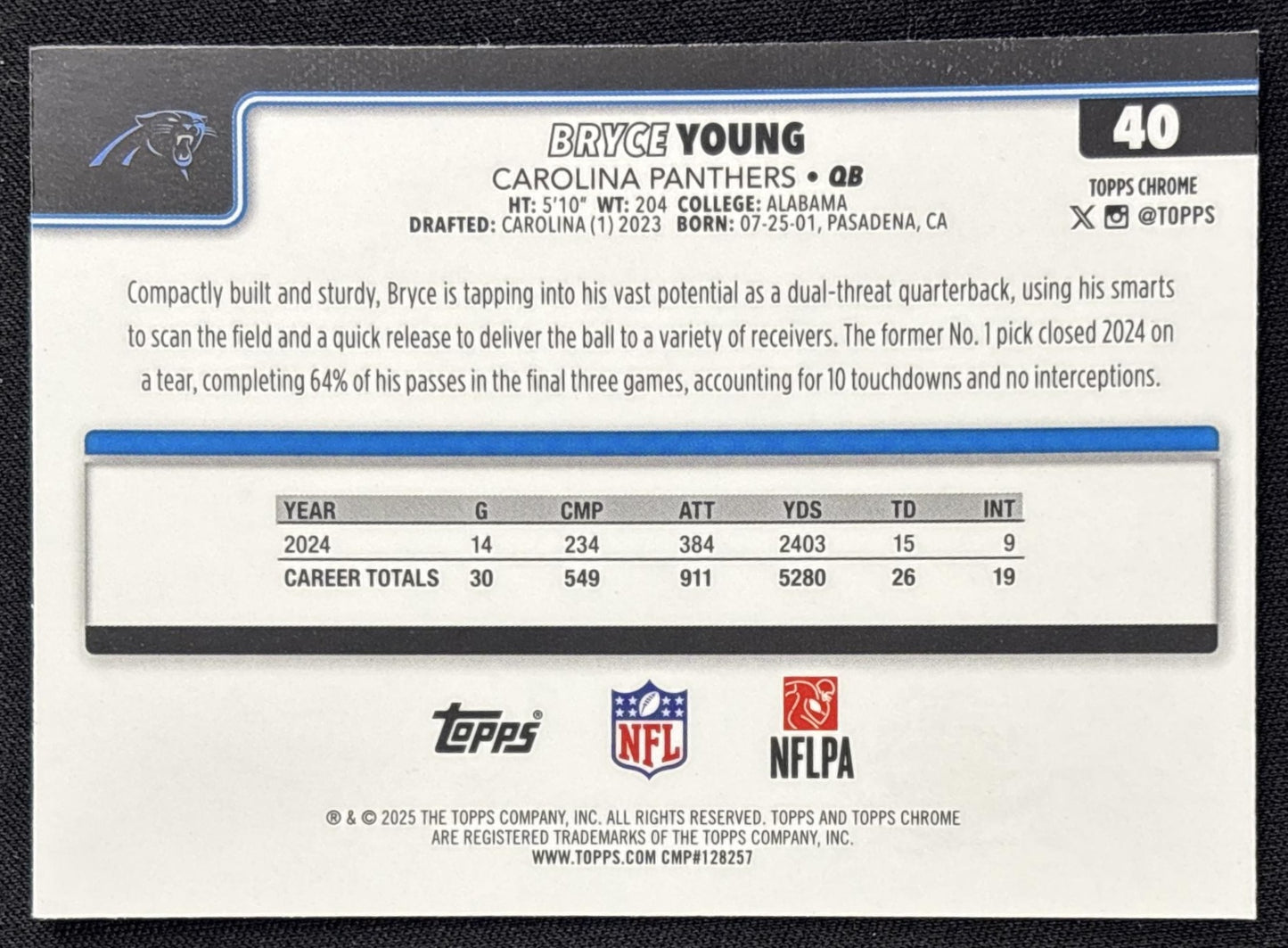 Bryce Young 2025 Topps Chrome X-Fractor Panthers