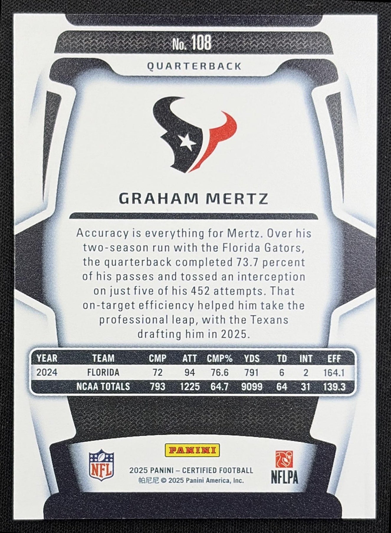 Graham Mertz 2025 Panini Certified Rookies Mirror Silver FOTL /13 Texans - back