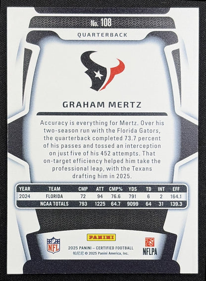 Graham Mertz 2025 Panini Certified Rookies Mirror Silver FOTL /13 Texans - back