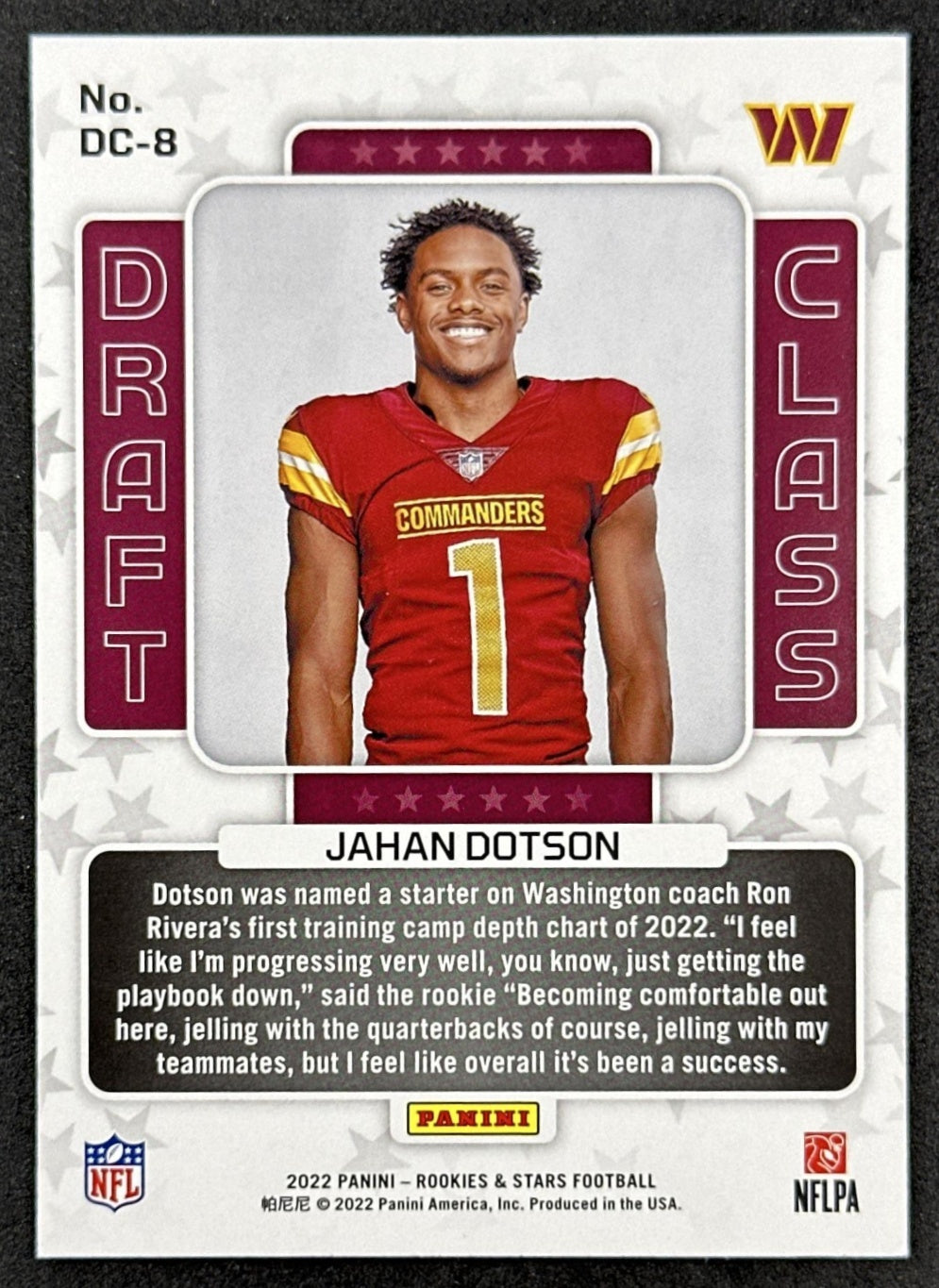 Jahan Dotson 2022 Panini Rookies & Stars Draft Class Commanders Back