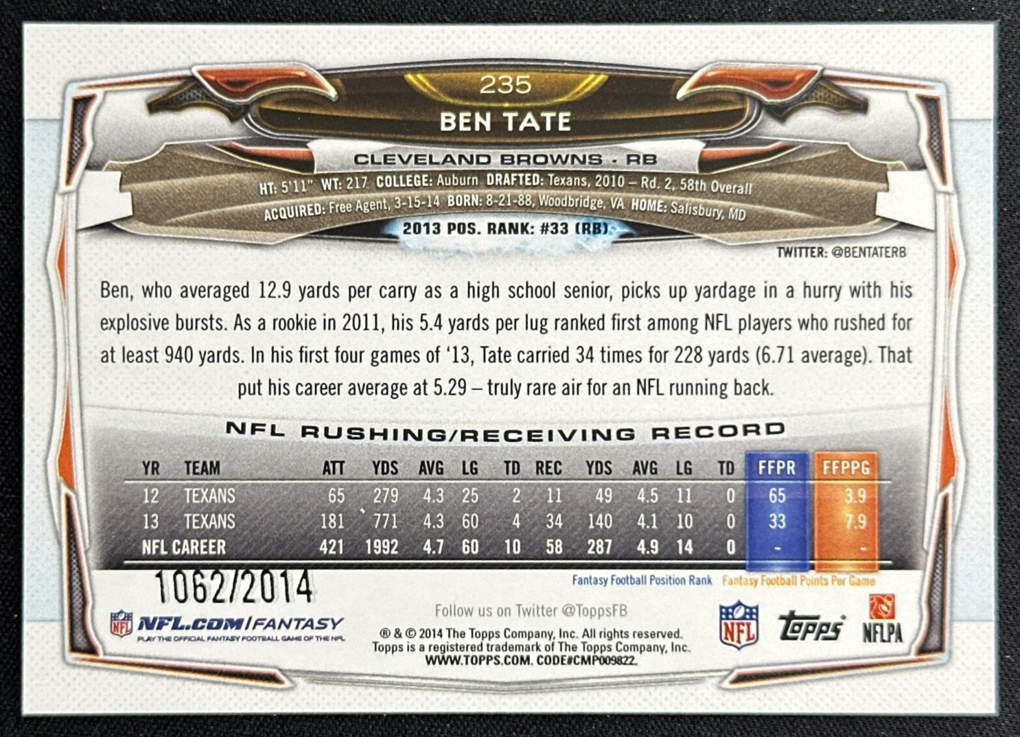 Ben Tate 2014 Topps Gold /2014 Browns