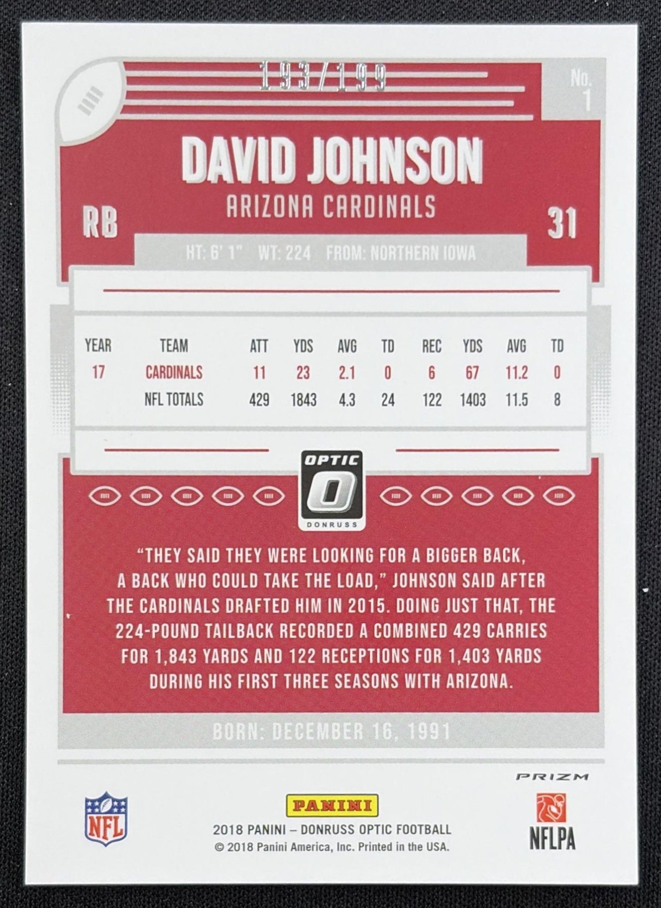 David Johnson 2018 Panini Donruss Optic Orange Prizm /199 Cardinals Arizona Cardinals