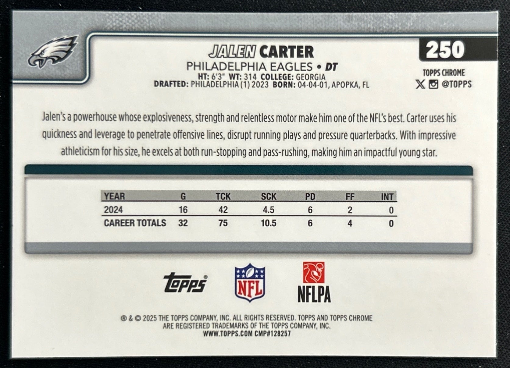 Jalen Carter 2025 Topps Chrome Eagles Sports Trading Cards