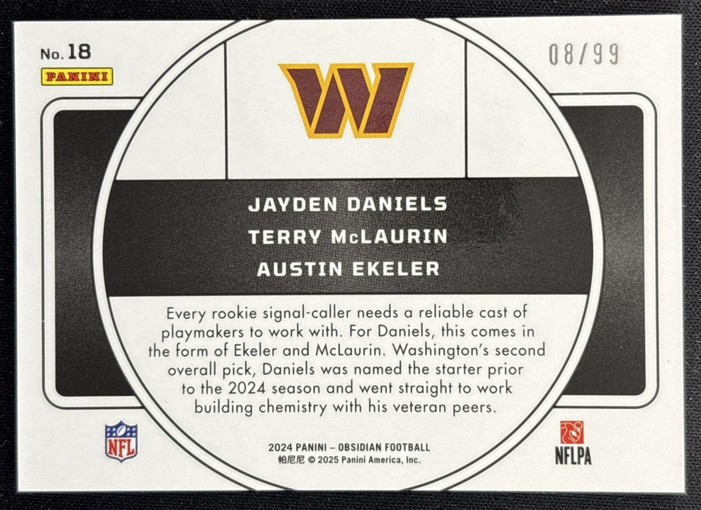 Austin Ekeler Jayden Daniels Terry McLaurin 2024 Obsidian Nucleus Silver /99 Commanders Back