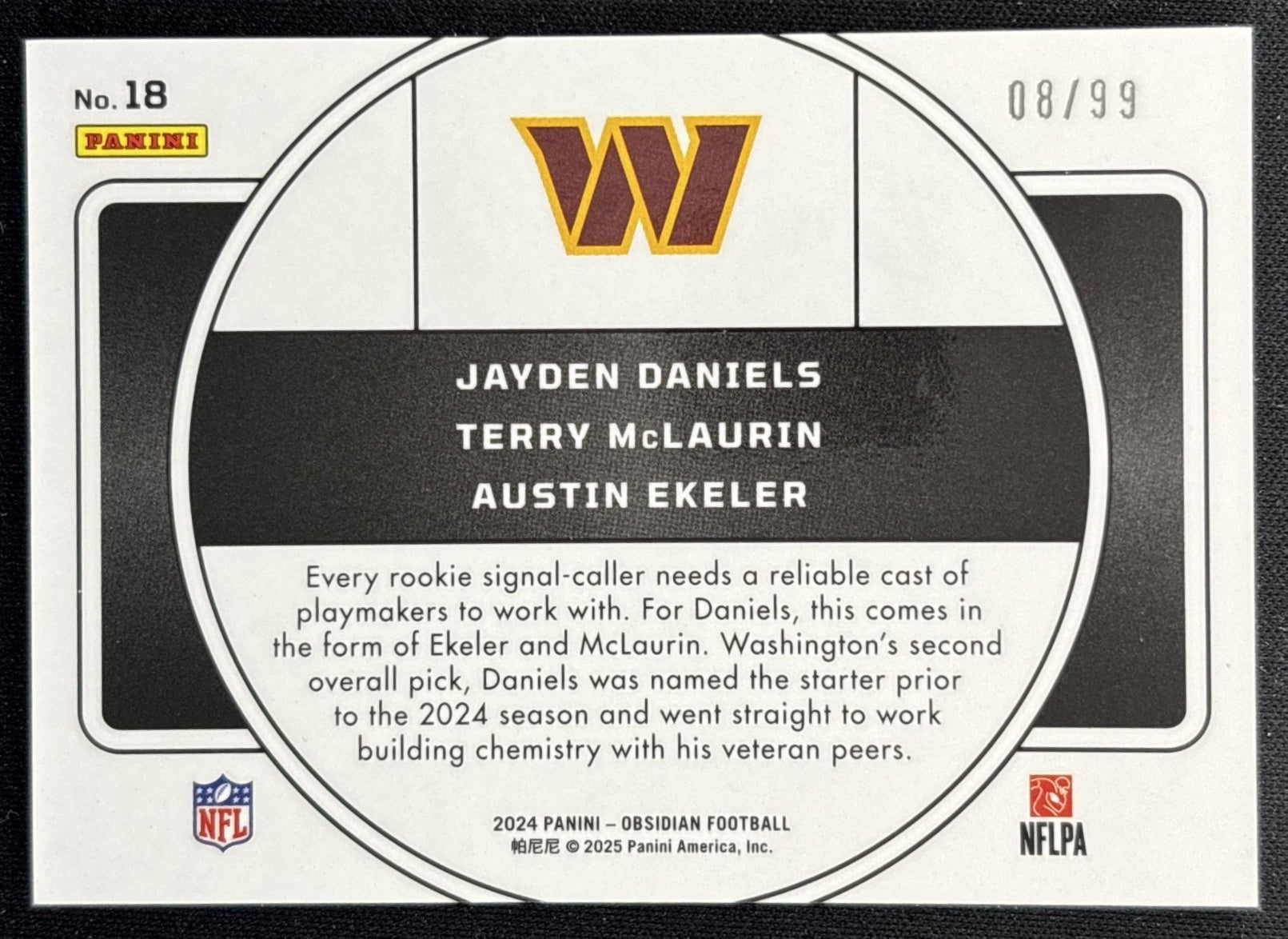 Austin Ekeler Jayden Daniels Terry McLaurin 2024 Obsidian Nucleus Silver /99 Commanders Back