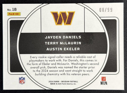 Austin Ekeler Jayden Daniels Terry McLaurin 2024 Obsidian Nucleus Silver /99 Commanders Back