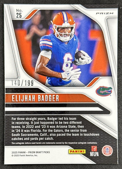 Elijhah Badger 2025 Panini Prizm Draft Picks Purple Ice /199 Gators back