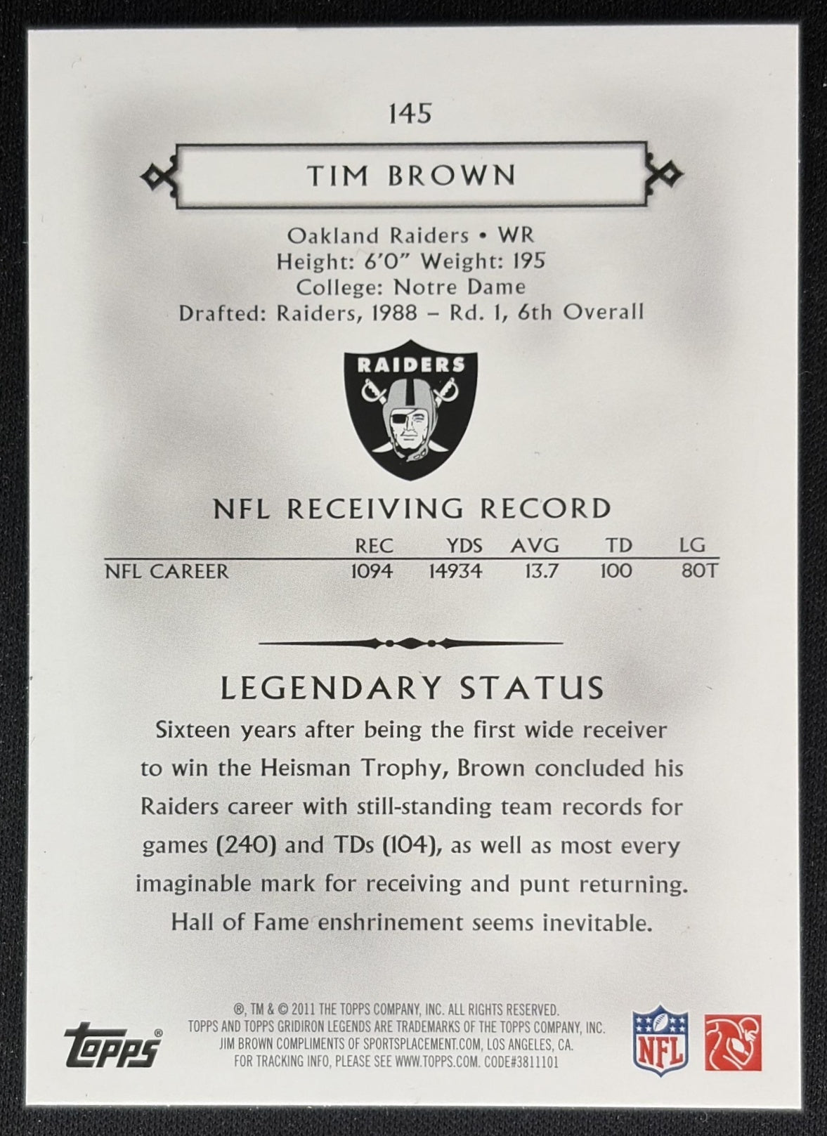 Tim Brown 2011 Topps Gridiron Legends Red /75 Raiders