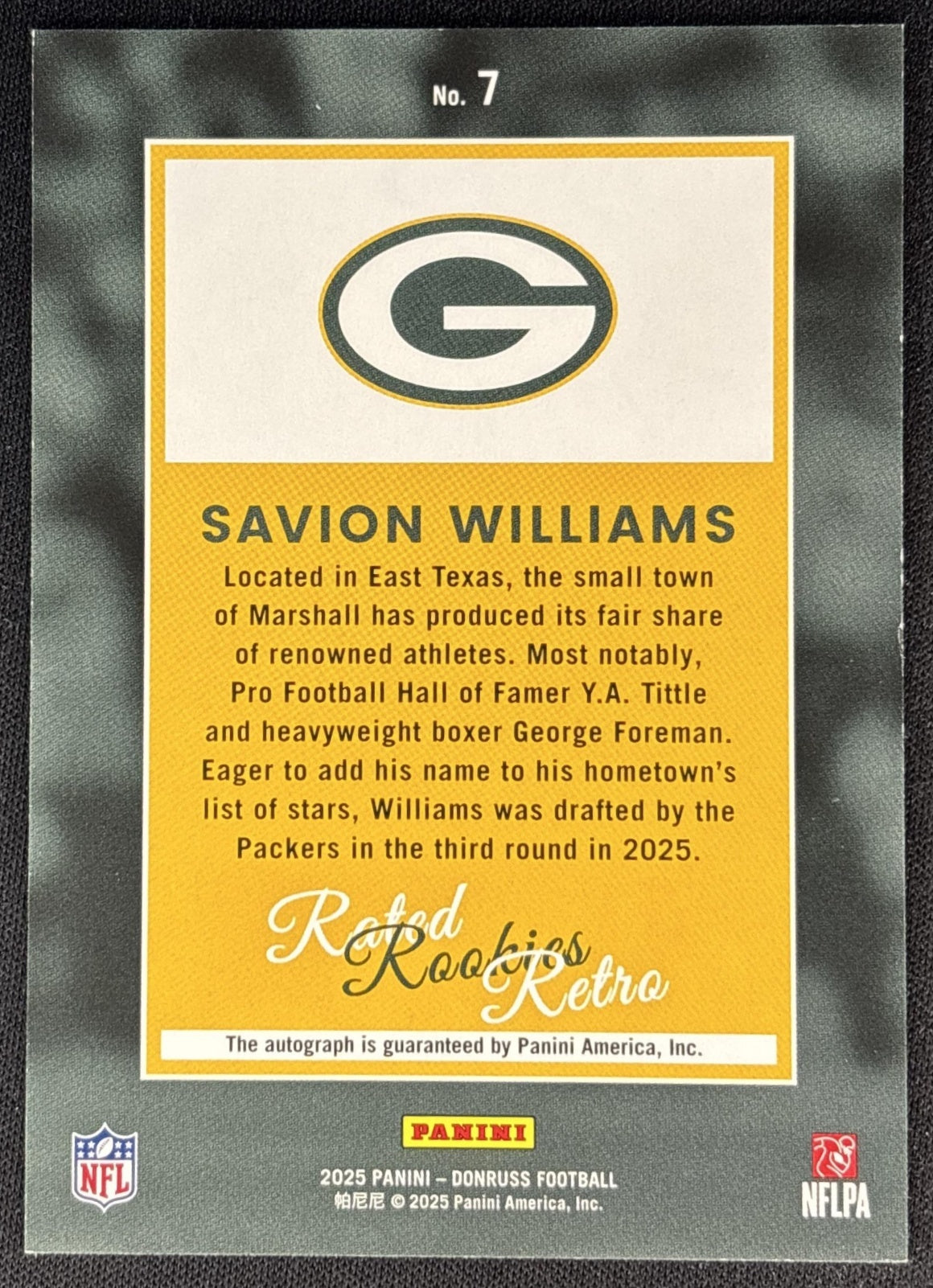 Savion Williams 2025 Panini Donruss Rated Rookie Retro Auto /99