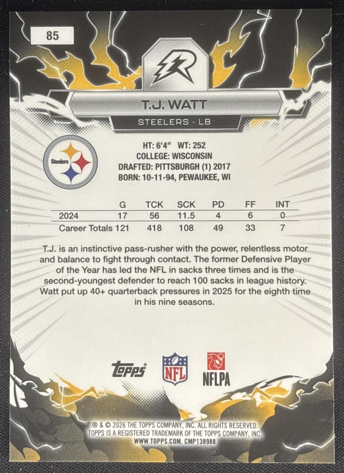 T.J. Watt 2025 Topps Resurgence Blue and Orange Spark Refractor Steelers Pittsburgh Steelers Sports Trading Cards