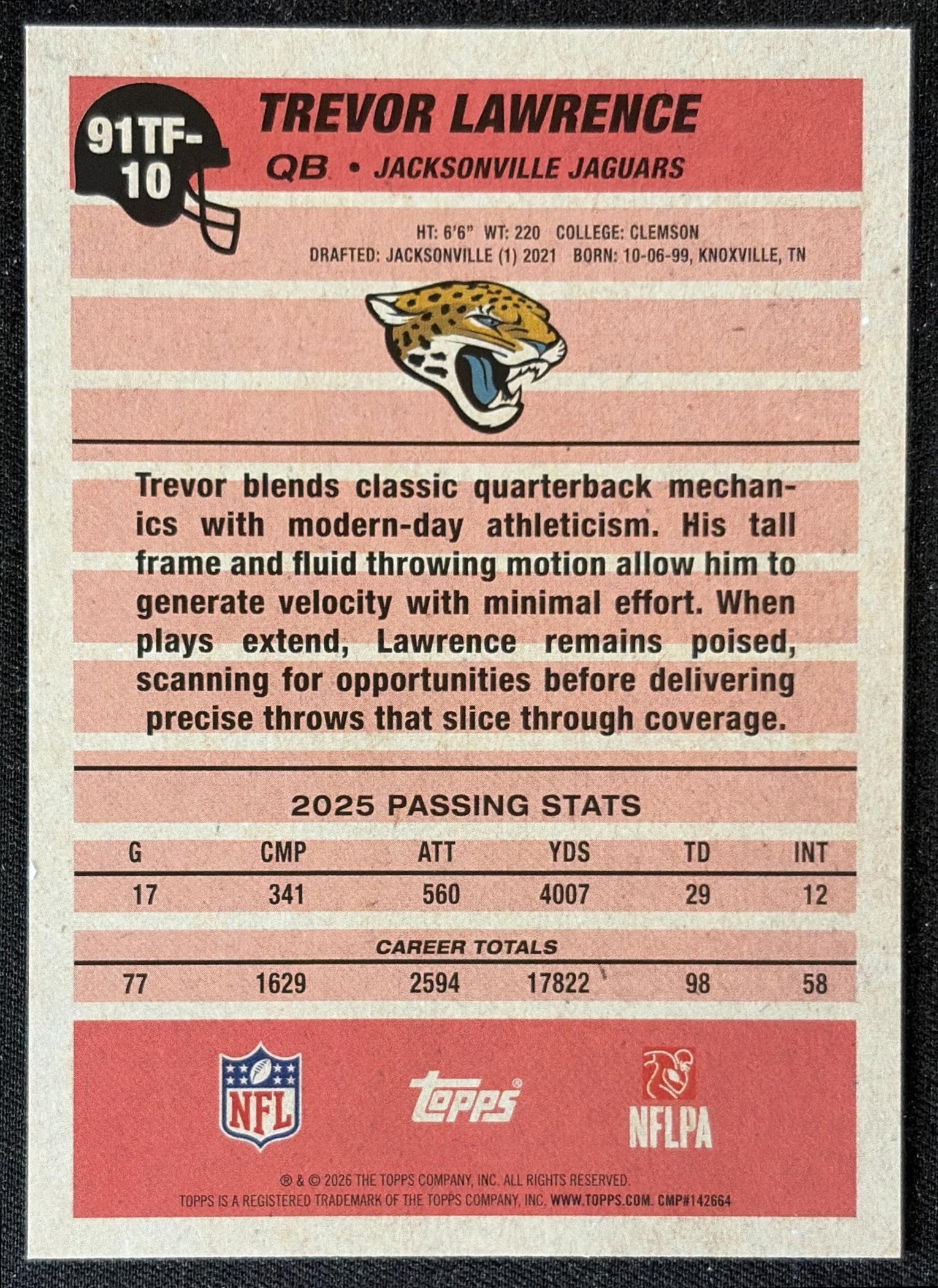 Trevor Lawrence 2026 Topps 1991 Jaguars back