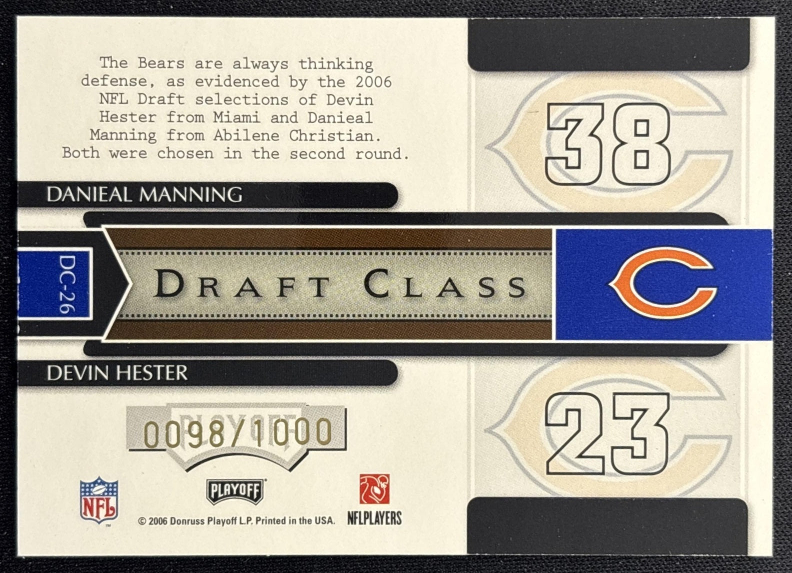 Danieal Manning Devin Hester 2006 Playoff Contenders Draft Class /1000 Bears back