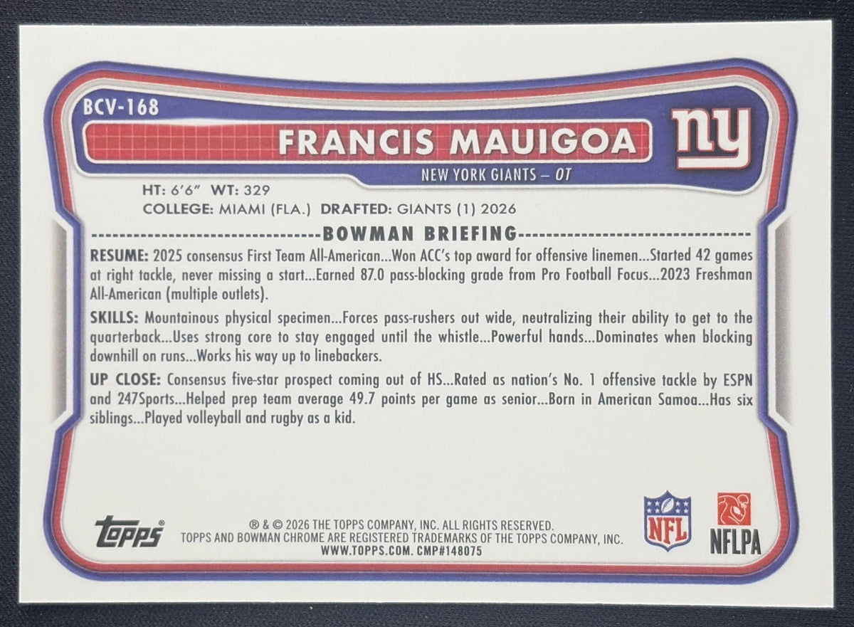 Francis Mauigoa 2026 Bowman Chrome NFL Speckle Refractor Giants