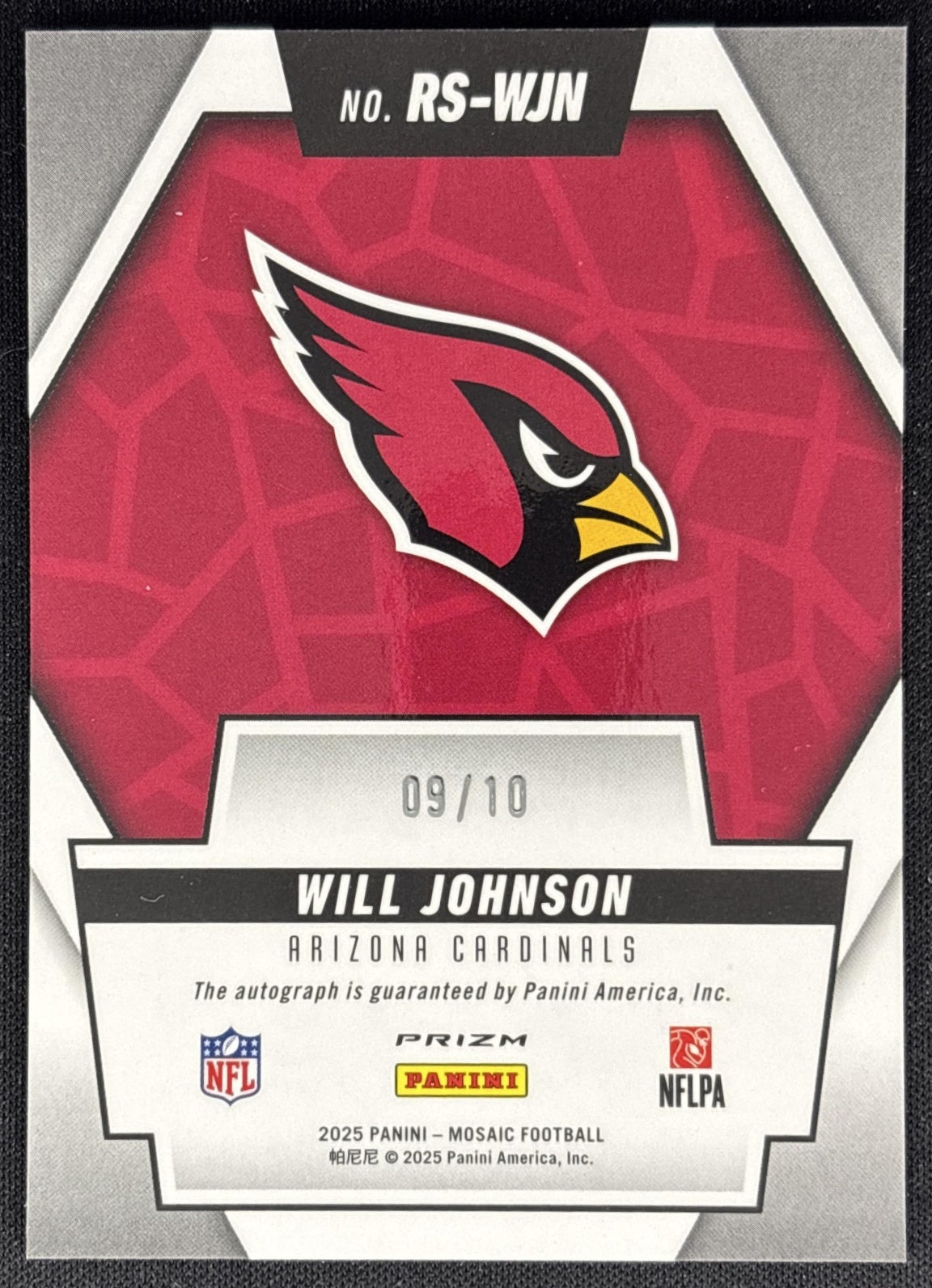 Will Johnson 2025 Panini Mosaic Rookie Scripts Gold Prizm /10 Cardinals Sports Trading Cards