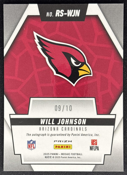 Will Johnson 2025 Panini Mosaic Rookie Scripts Gold Prizm /10 Cardinals Sports Trading Cards