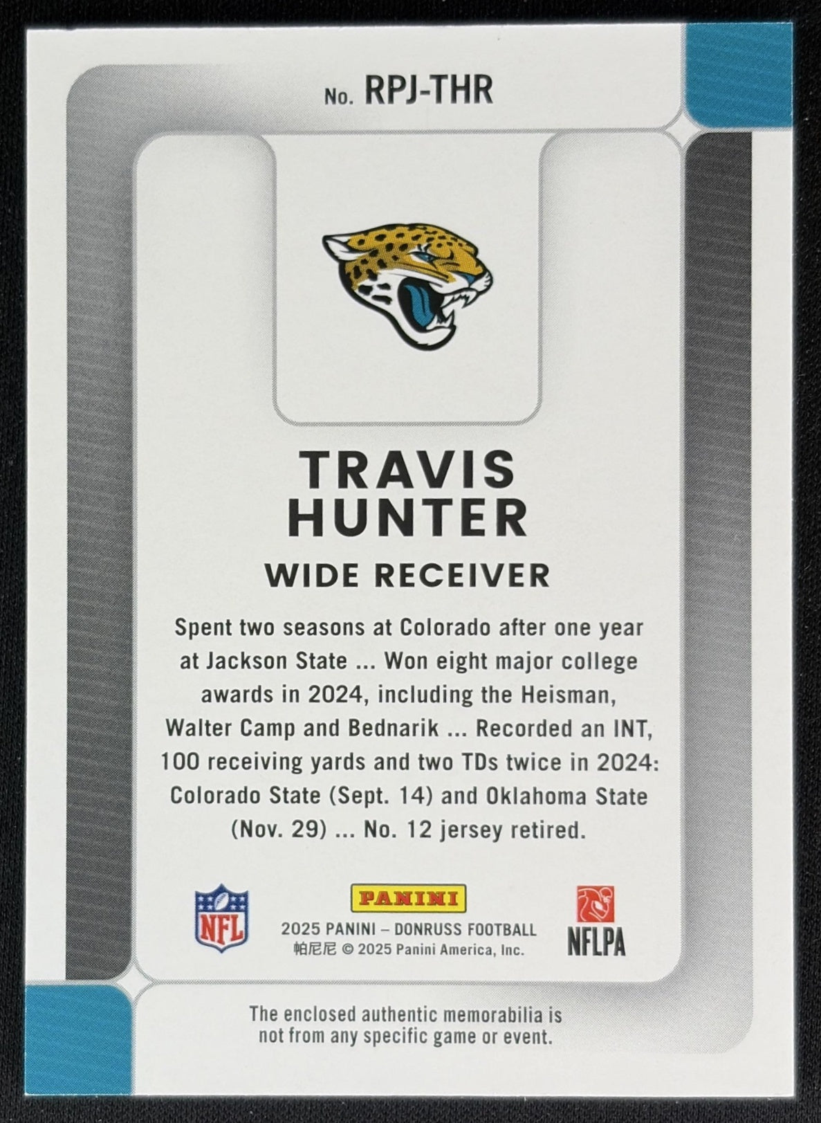Travis Hunter 2025 Panini Donruss Rookie Phenom Jerseys Jaguars back