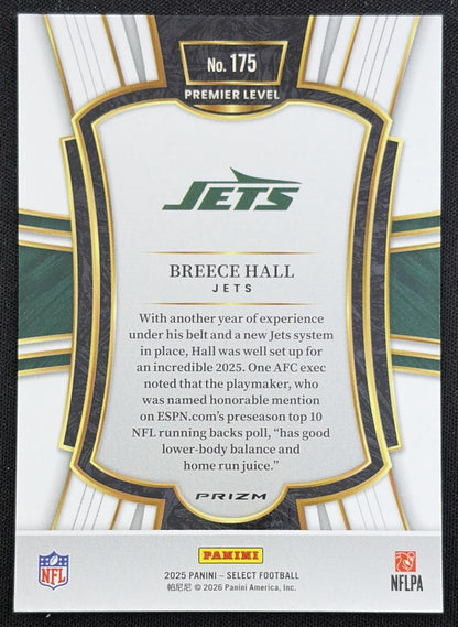 Breece Hall 2025 Panini Select Premier Level Zebra Prizm Shock Jets