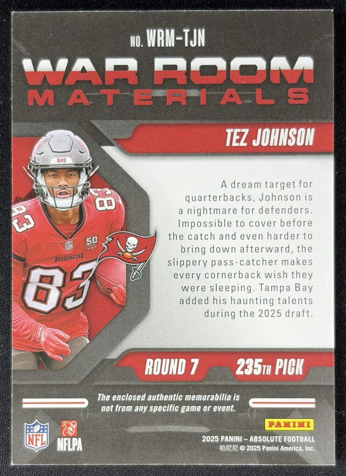 Tez Johnson 2025 Panini Absolute War Room Materials /115 Buccaneers Sports Trading Cards