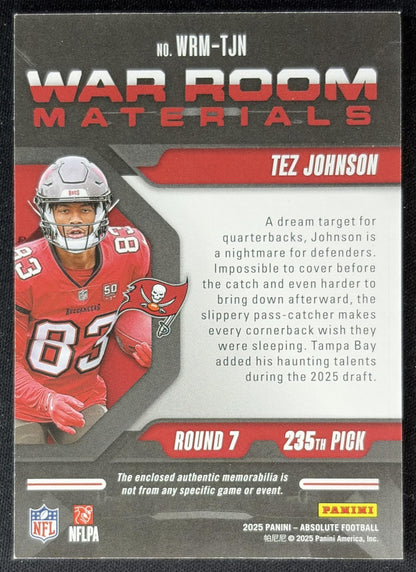 Tez Johnson 2025 Panini Absolute War Room Materials /115 Buccaneers Sports Trading Cards