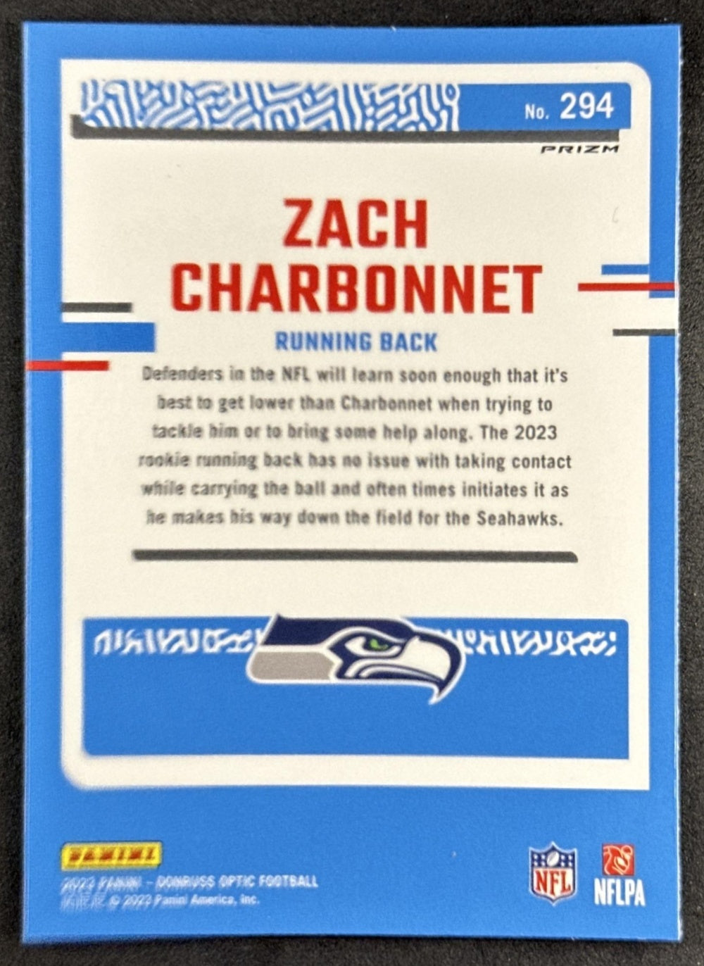 Zach Charbonnet 2023 Panini Donruss Optic Purple Shock Prizm Seahawks Sports Trading Card