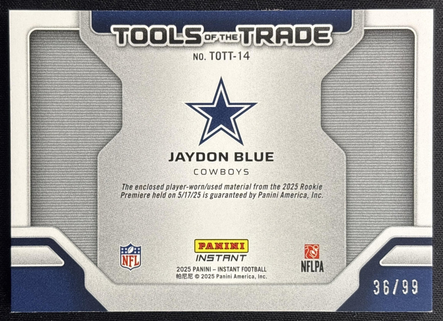 Jaydon Blue 2025 Panini Instant Tools of the Trade Player-Worn Patch /99 Cowboys back