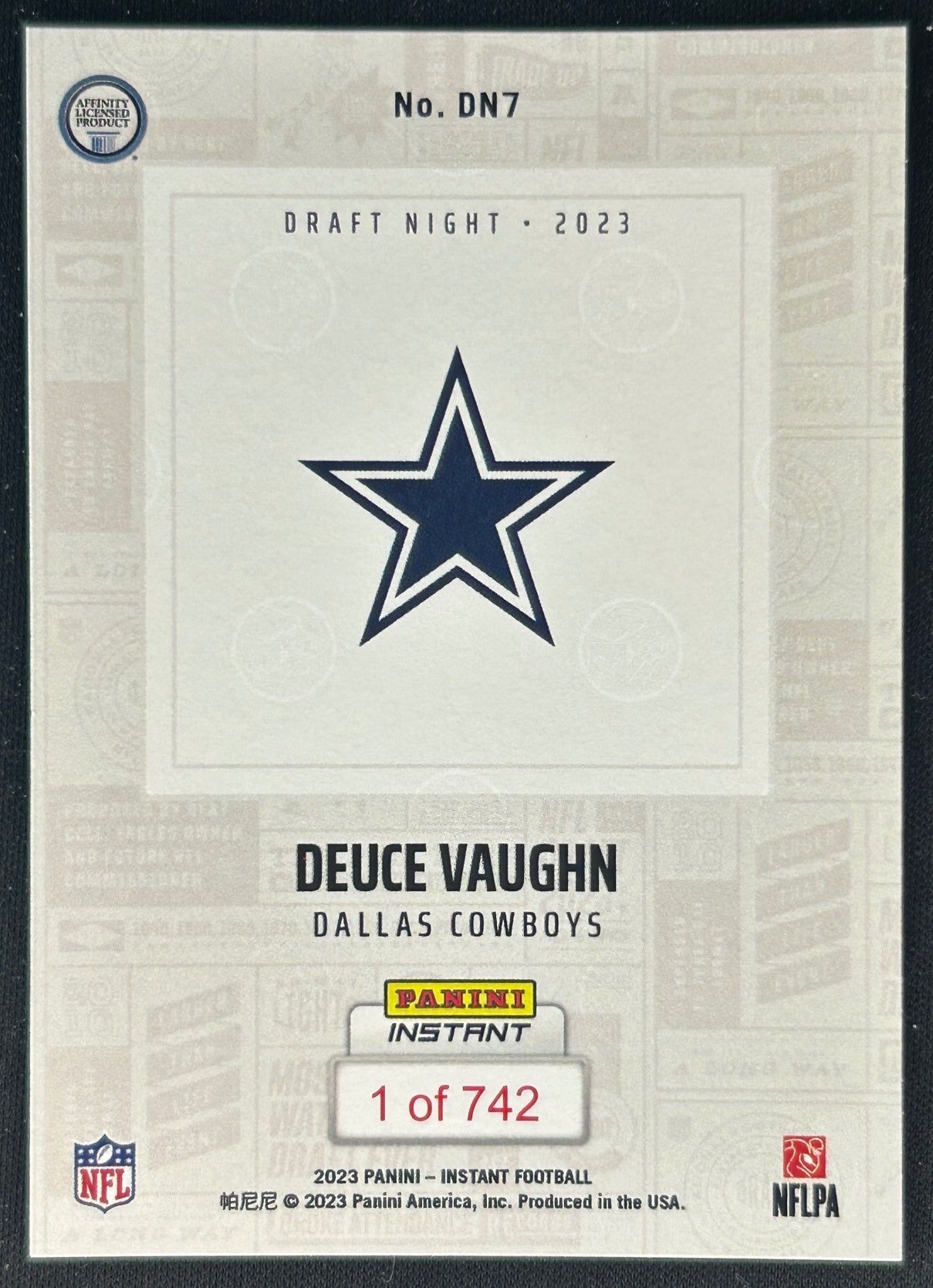 Deuce Vaughn 2023 Panini Instant NFL Draft Night Cowboys Sports Trading Cards