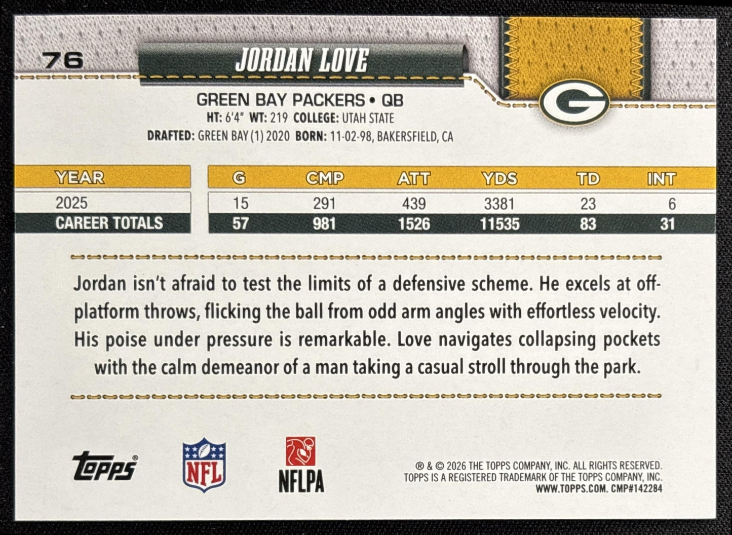 Jordan Love 2026 Topps Football Leather Foil Packers