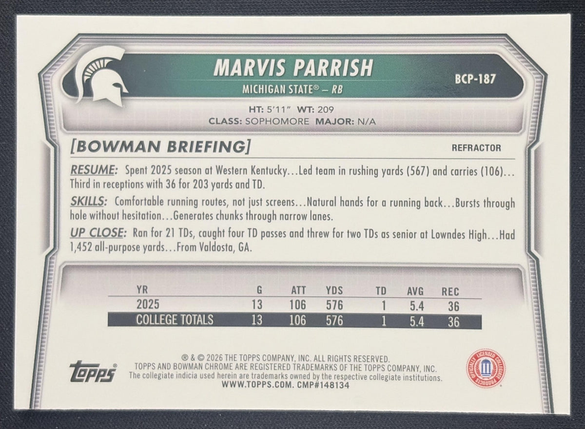 Marvis Parrish 2026 Bowman Chrome Prospects Refractor /499 Spartans