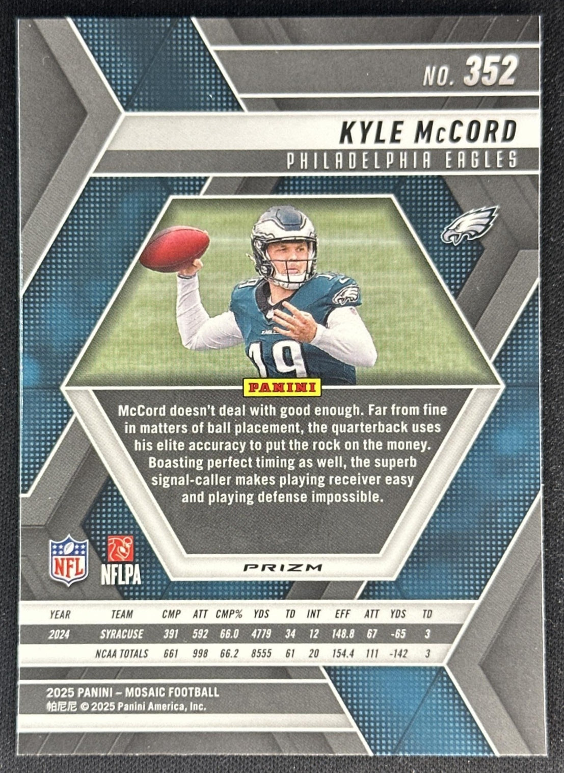 Kyle McCord 2025 Panini Mosaic Rookies No Huddle Silver Prizm Eagles Sports Trading Cards