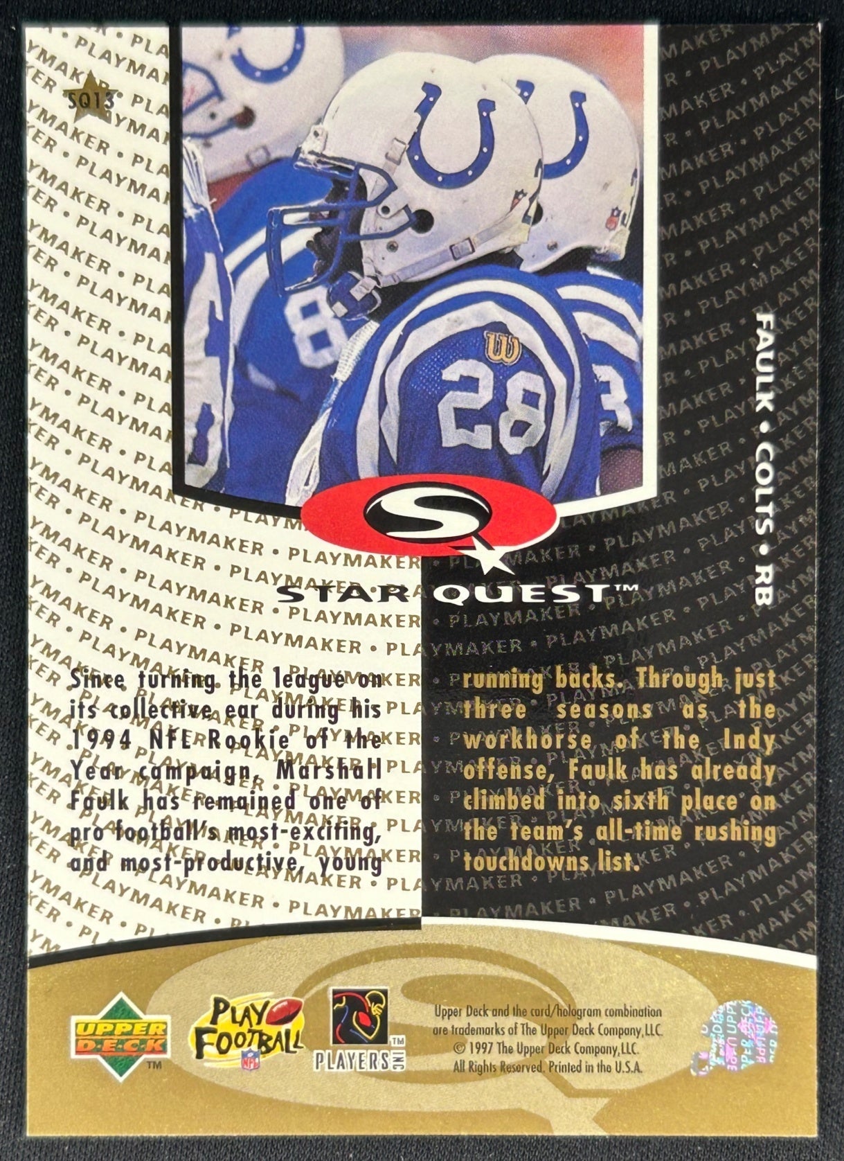 Marshall Faulk 1997 Collector's Choice StarQuest Colts Sports Trading Cards