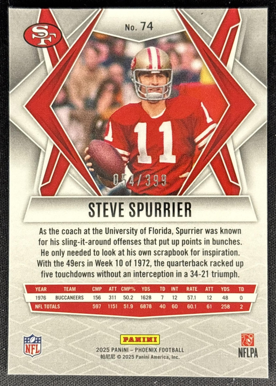 Steve Spurrier 2025 Panini Phoenix Red Winter Prizm /399 49ers back