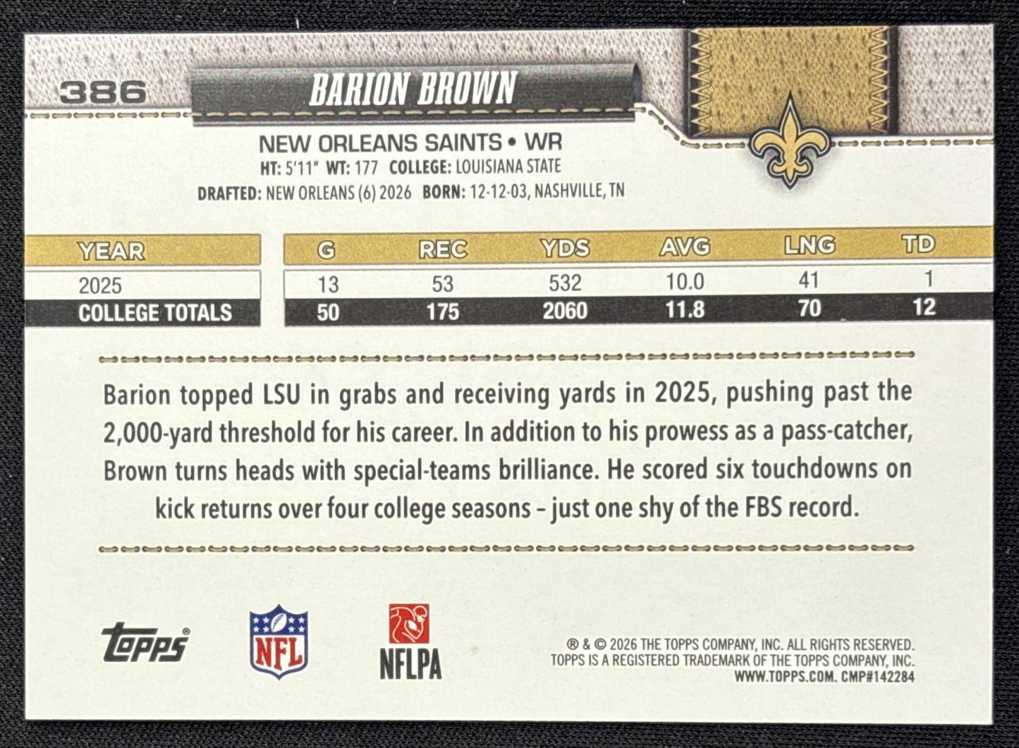 Barion Brown 2026 Topps Sandglitter Saints