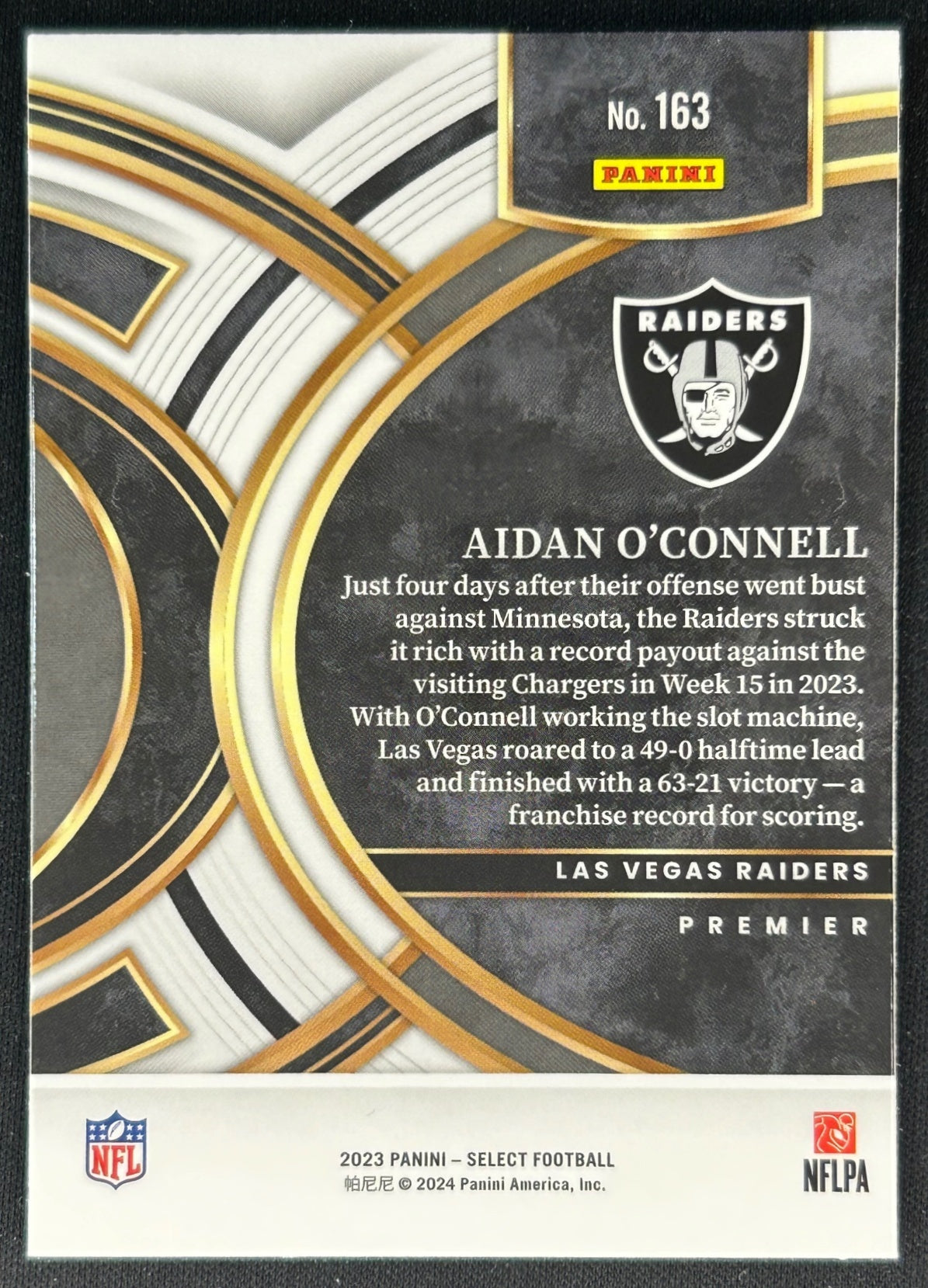 Aidan O'Connell Select Premier Level Las Vegas Raiders Sports Trading Cards