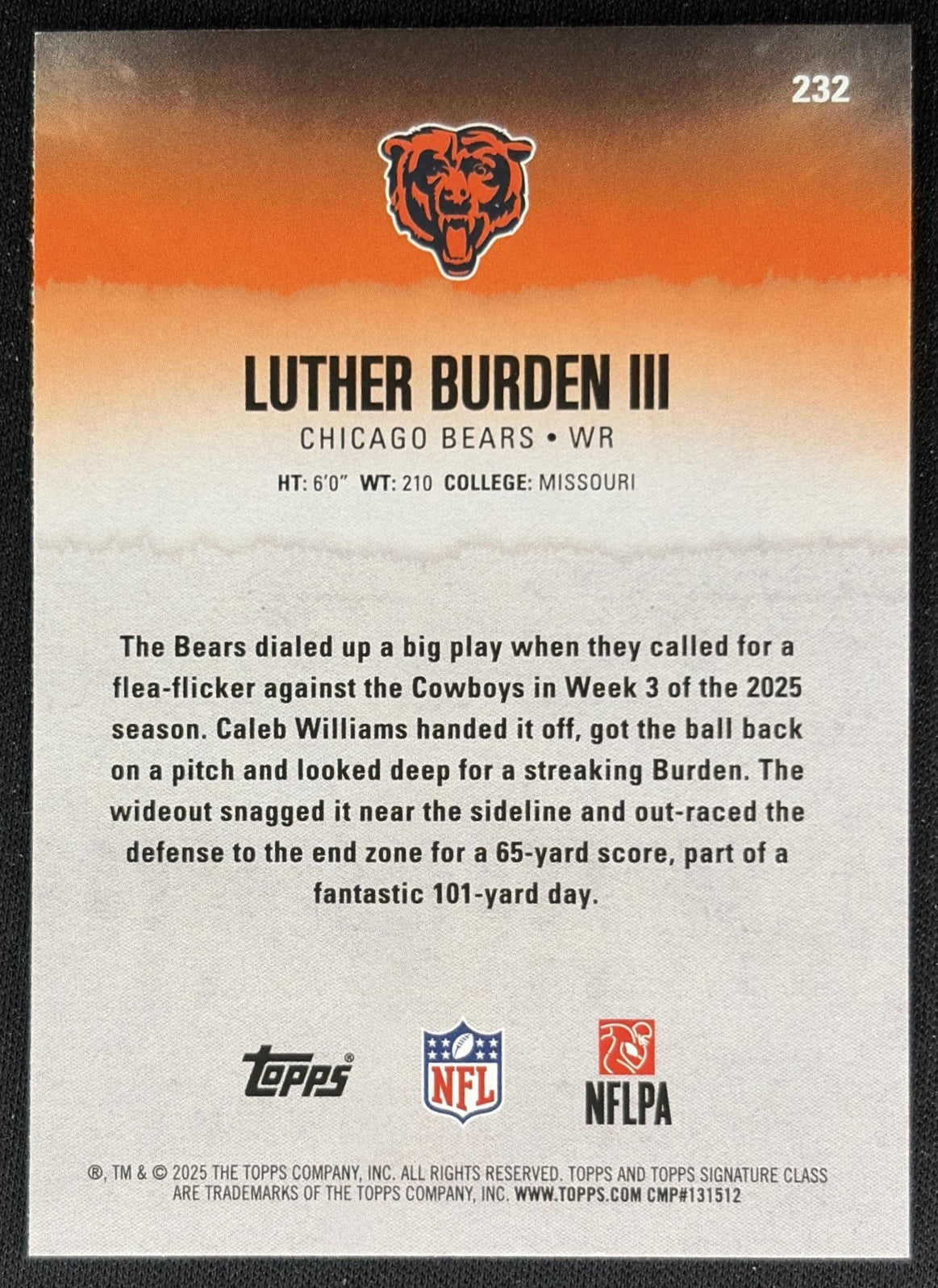 Luther Burden III 2025 Topps Signature Class Rookie Red & Black Foil Bears back