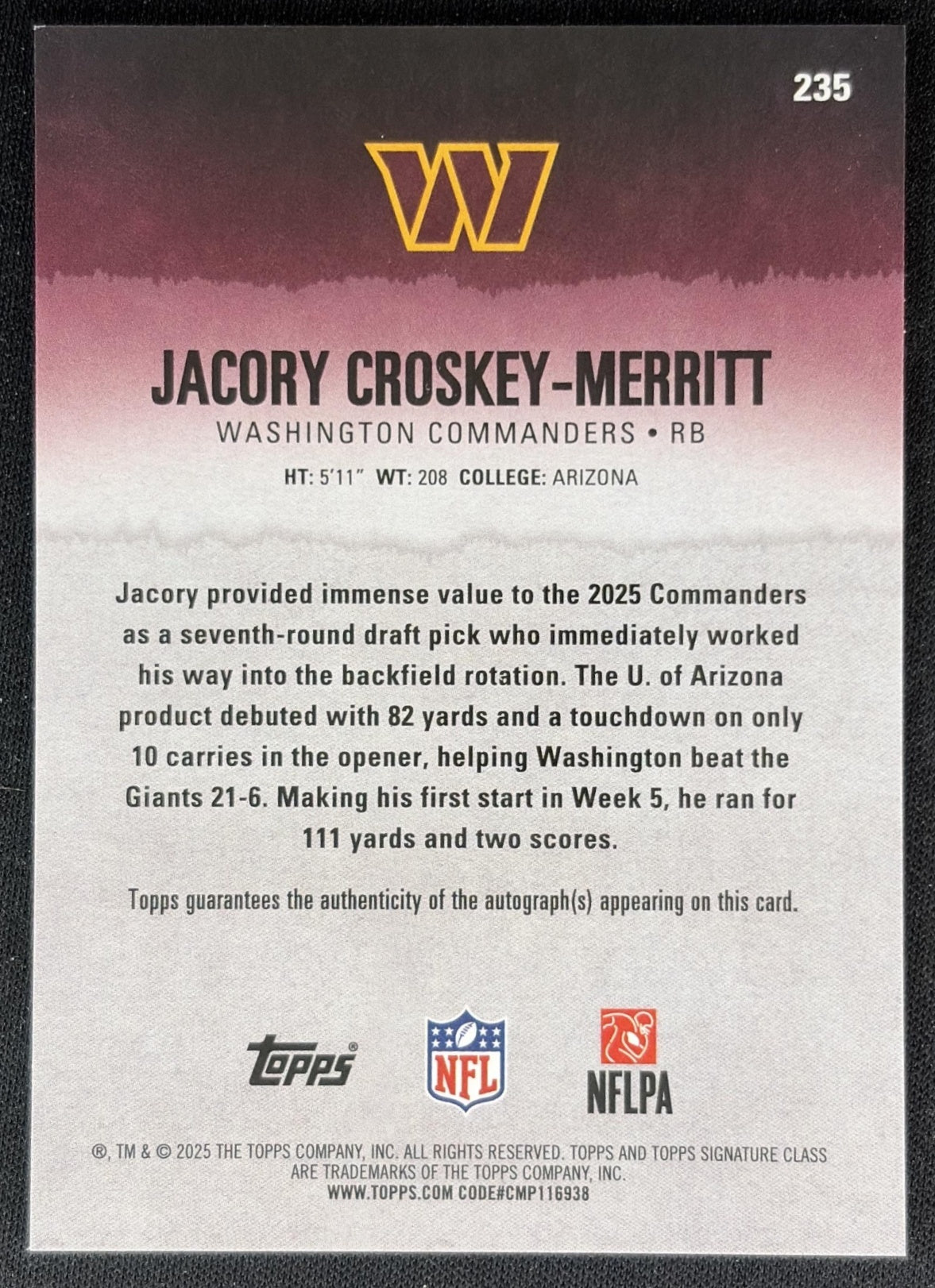 Jacory Croskey-Merritt 2025 Topps Signature Class Rookie Chrome Auto Commanders