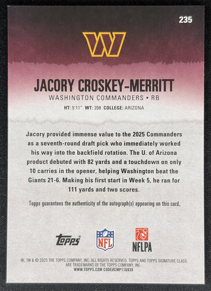 Jacory Croskey-Merritt 2025 Topps Signature Class Rookie Chrome Auto Commanders